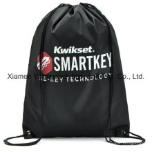 Black Custom Printed Promotional Lightweight Nylon Drawstring Backpack Bag